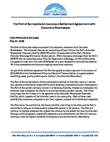 Port of Sunnyside Announces a Settlement Agreement with Columbia Riverkeeper